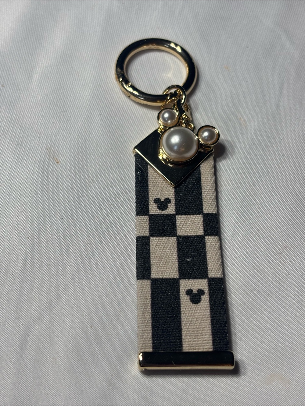 New Disney Pearl Mickey Ear Checker Keychain - Black & Cream Bag Charm